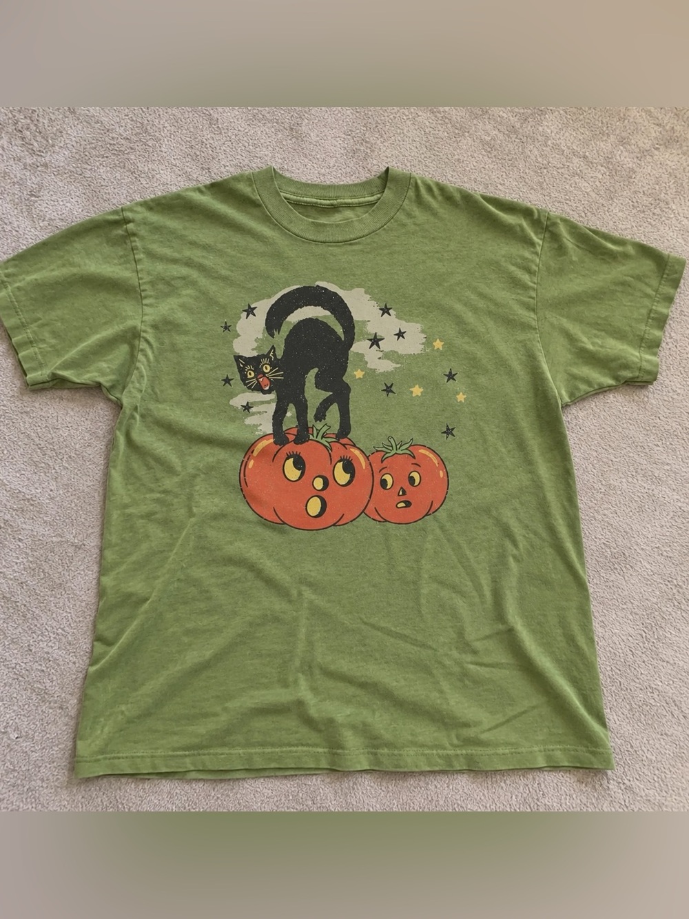 Gildan Kiwi Green Tee with Black Cat and Orange Pumpkins Graphic